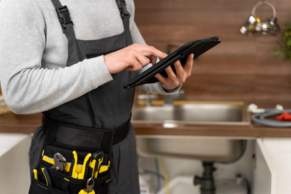 Handyman using tablet